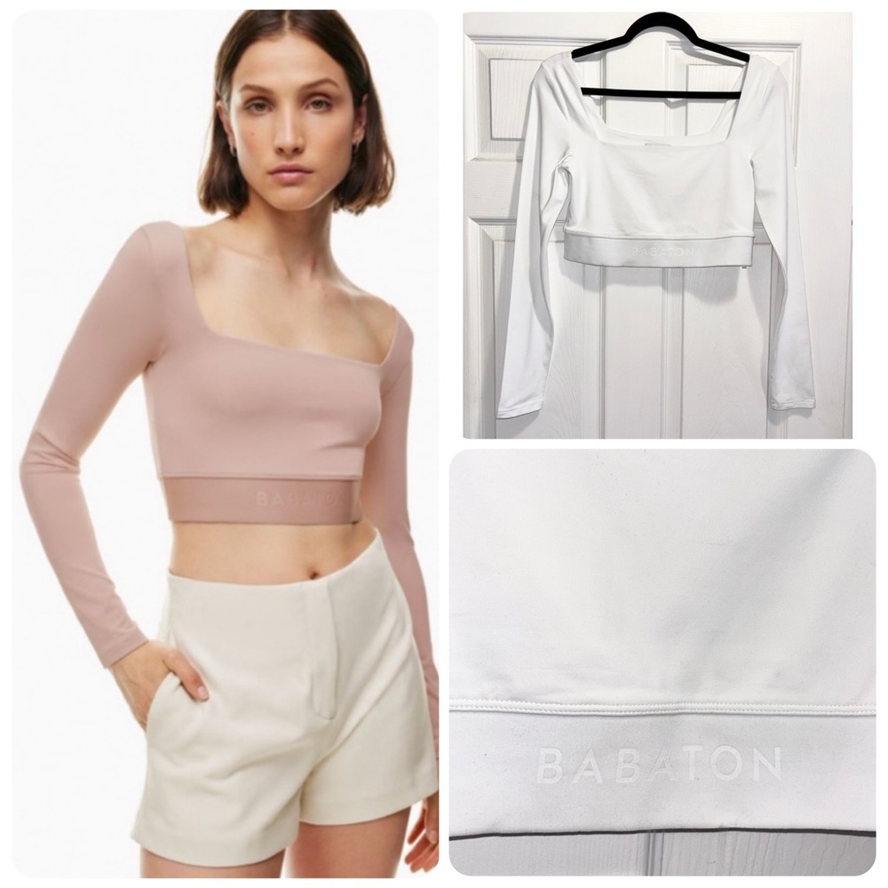 Aritzia BABATON Contour White Sylvia cropped long sleeve square neck top Medium